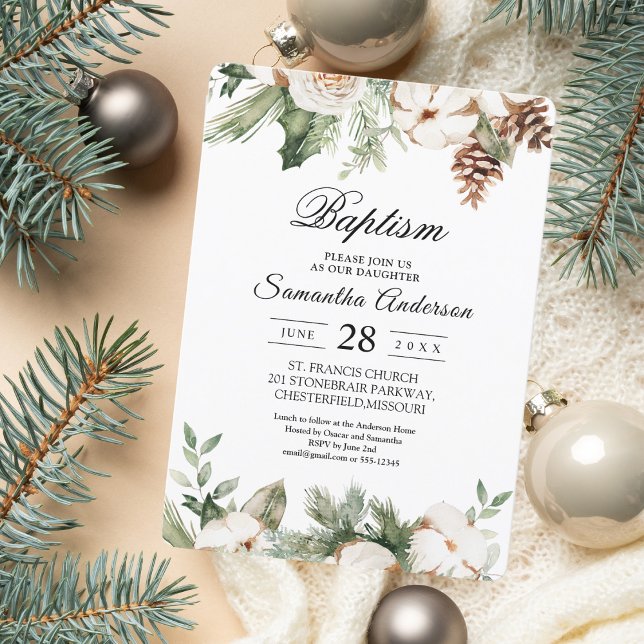 Invitation Arbre de pin vert d'hiver à l'aquarelle & fleurs b (Créateur téléchargé)
