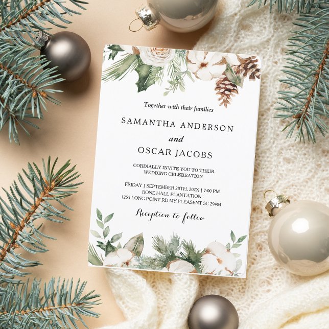 Invitation Arbre de pin vert d'hiver à l'aquarelle & fleurs b (Créateur téléchargé)