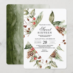 Invitation Arbre de pin vert d'hiver à l'aquarelle & pomme de
