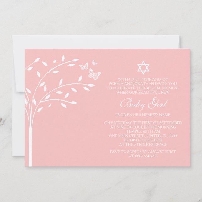Invitation Arbre de vie Baby Girl Naming Day Papillon rose (Devant)