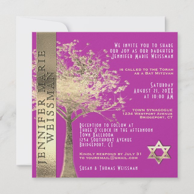 Invitation Arbre de vie Bat mitzvah or et or et rose (Devant)