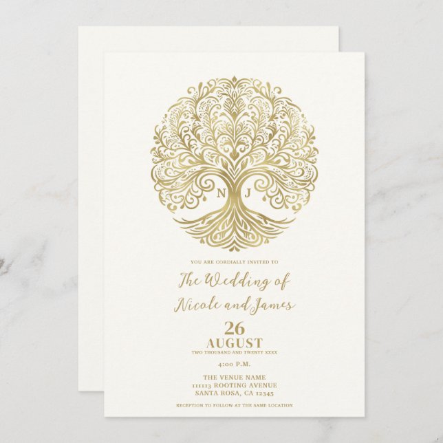 Invitation Arbre de vie Cream & Gold Celtic Mariage (Devant / Derrière)