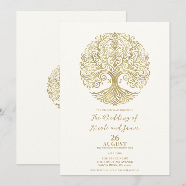 Invitation Arbre de Vie Crème et Or Mariage Celtique (Devant / Derrière)