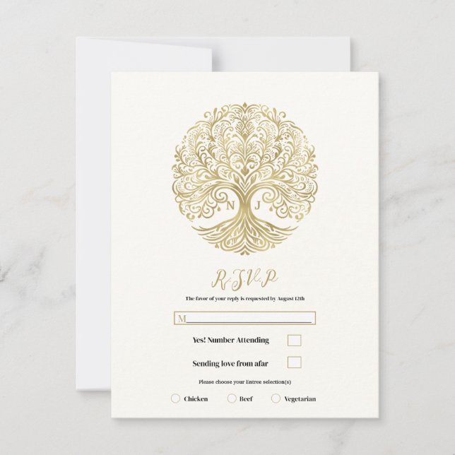 Invitation Arbre de Vie Crème Or Réponse Mariage Celtique RSV (Devant)