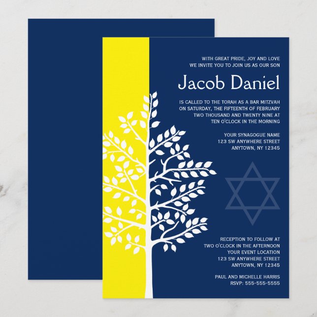 Invitation Arbre de vie de la Marine Jaune Barre Mitzvah Invi (Devant / Derrière)