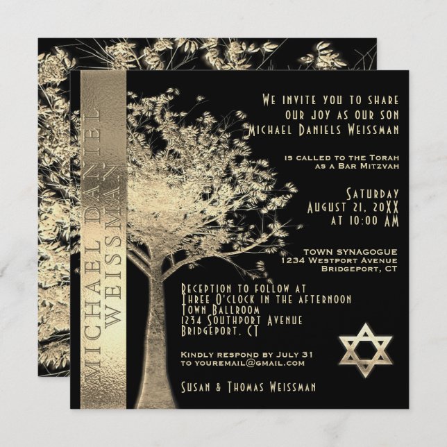 Invitation Arbre de vie Gold et Black Bar Mitzvah (Devant / Derrière)