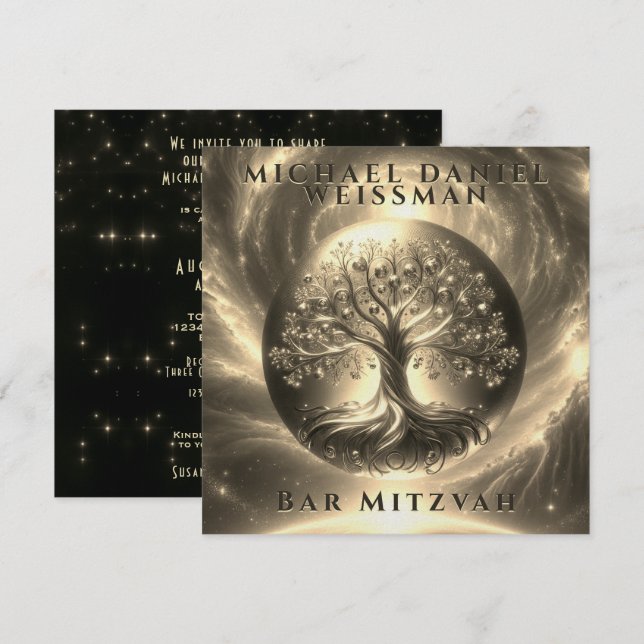 Invitation Arbre de vie Gold et Black Bar Mitzvah (Devant / Derrière)