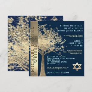 Invitation Arbre de vie Gold et Navy Blue Bar Mitzvah