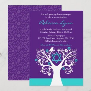 Invitation Arbre de vie Oiseaux pourpres Bat mitzvah Turquois