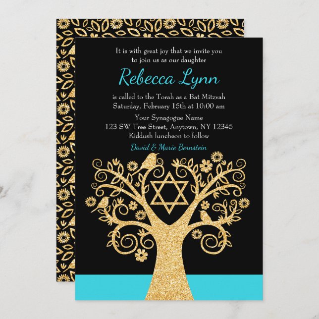 Invitation Arbre de vie Oiseaux Turquoise Blue Gold Bat mitzv (Devant / Derrière)