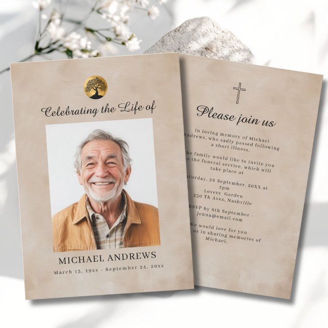 Invitation Arbre de Vie - Photo de funérailles de célébration (Tree of Life - Celebration of Life  Funeral Photo Cross Beige Invitation)