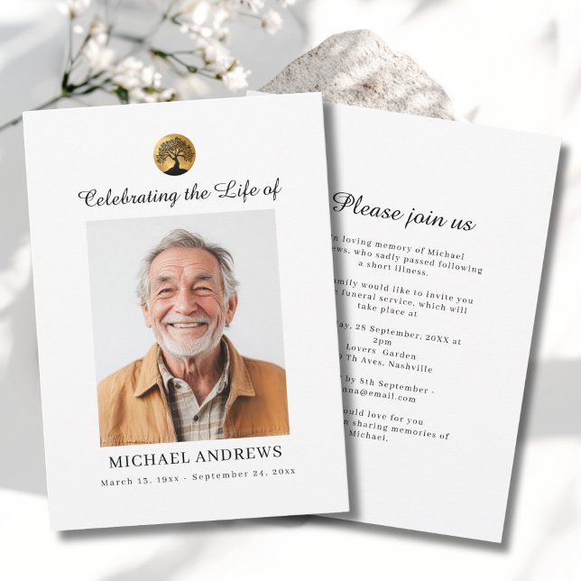 Invitation Arbre de Vie - Photo de funérailles de célébration (Tree of Life - Celebration of Life Funeral Photo White Invitation - Print & Instant Download.)