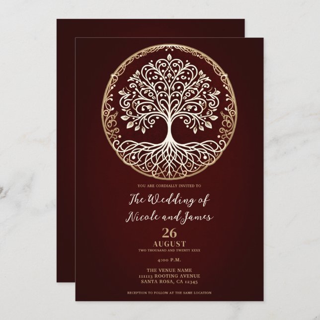 Invitation Arbre de vie Rustique rouge foncé Mariage celtique (Devant / Derrière)