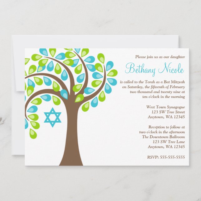 Invitation Arbre de vie Turquoise Bleu Vert Bat mitzvah (Devant)