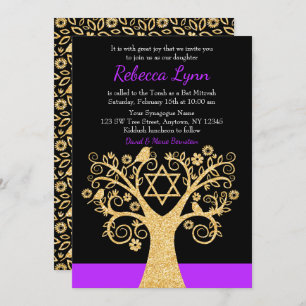 Invitation Arbre des oiseaux vivants Bat mitzvah d'or pourpre