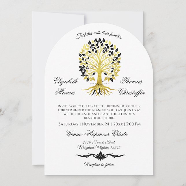 Invitation Arbre d'or de la vie Mariage sophistiqué intempore (Devant)