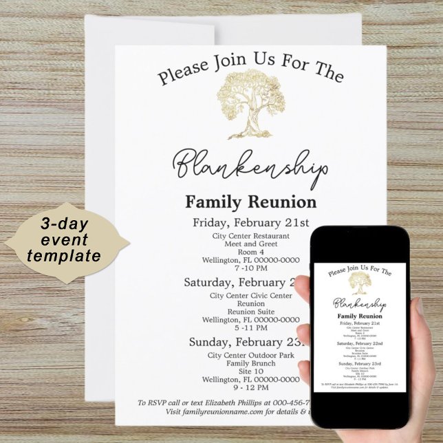 Invitation Arbre d'or Retrouvailles familiales 3 jours Invita (This old golden tree template design is ready for the details of the 3-day family reunion gathering.)