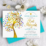 Invitation Arbre d'or Turquoise bat mitzvah moderne<br><div class="desc">Soyez fier, réjouissez-vous et présentez cette étape importante de votre Bat mitzvah préféré ! Ce faux arbre graphique en feuille d'or avec brillant turquoise, turquoise, violet et bleu étoile de David et point "feuilles" sur un arrière - plan blanc est l'invitation parfaite pour cette occasion spéciale. Un tout petit bleu...</div>