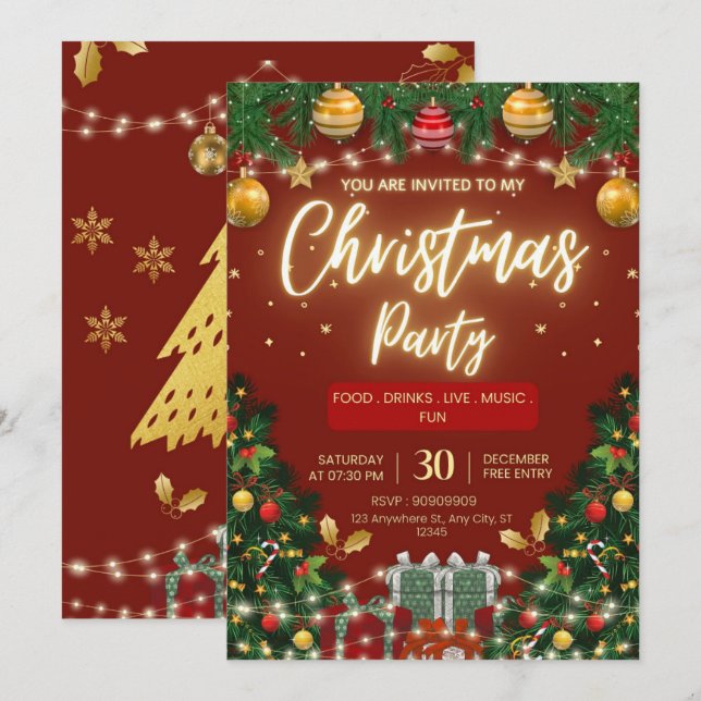 Invitation Arbre doré élégant | Fête de Noël  (Devant / Derrière)