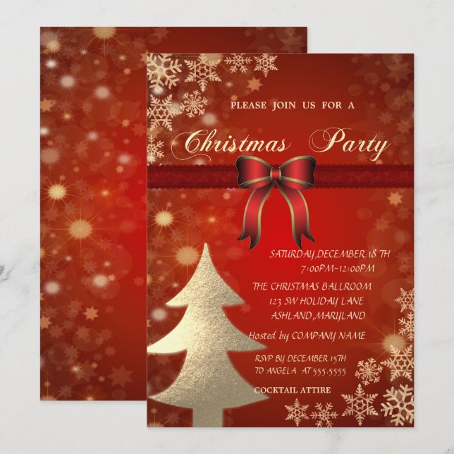 Invitation Arbre doré élégant, fête de Noël d'entreprise à ru (Devant / Derrière)