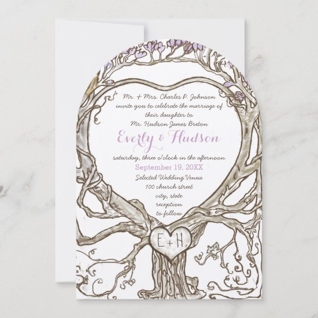 Invitation Arbre en forme de cœur lavande lilas pastel boho (Devant)