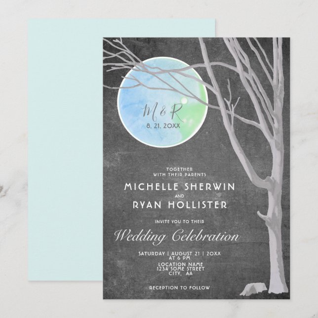 Invitation Arbre et Lune de Mariage sur Tableau Noir Rustique (Devant / Derrière)