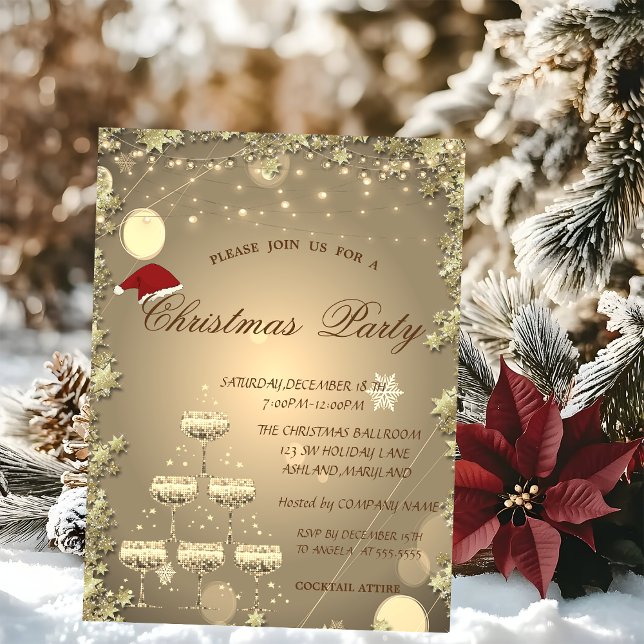 Invitation Arbre Étoiles de Noël Entreprise Verre Champagne D (Créateur téléchargé)