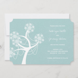 Invitation Arbre Fleur de Neige Aqua Mariage d'Hiver Enregist