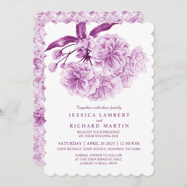 Invitation Arbre fleurir aquarelle dusky violet mariage (Devant / Derrière)
