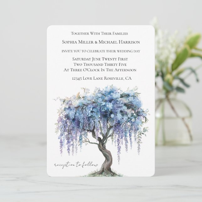 Invitation Arbre Fleurissant Violet Romantique Mariage (Debout devant)