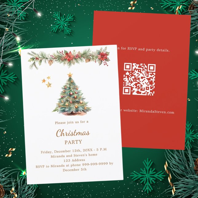 Invitation Arbre garland fleurs rouges QR code Noël (Créateur téléchargé)