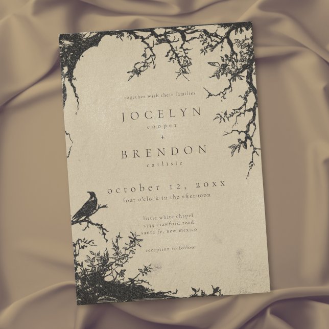 Invitation Arbre gothique de corbeau gravure mariage noir tan (Gothic Raven Tree Engraving Black Tan Wedding Invitation)