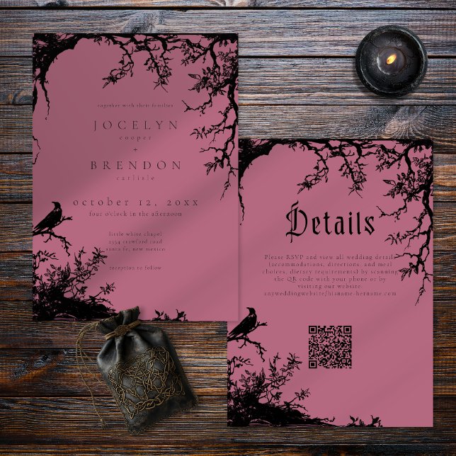 Invitation Arbre gothique de corbeau gravure mariage vin noir (Créateur téléchargé)