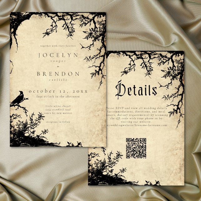 Invitation Arbre gothique de corbeau gravure parchemin mariag (Gothic Raven Tree Engraving Parchment Tan Wedding Invitation)