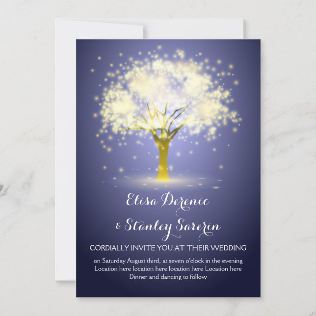 Invitation Arbre magique, lumières étincelantes bleu mariage (Devant)