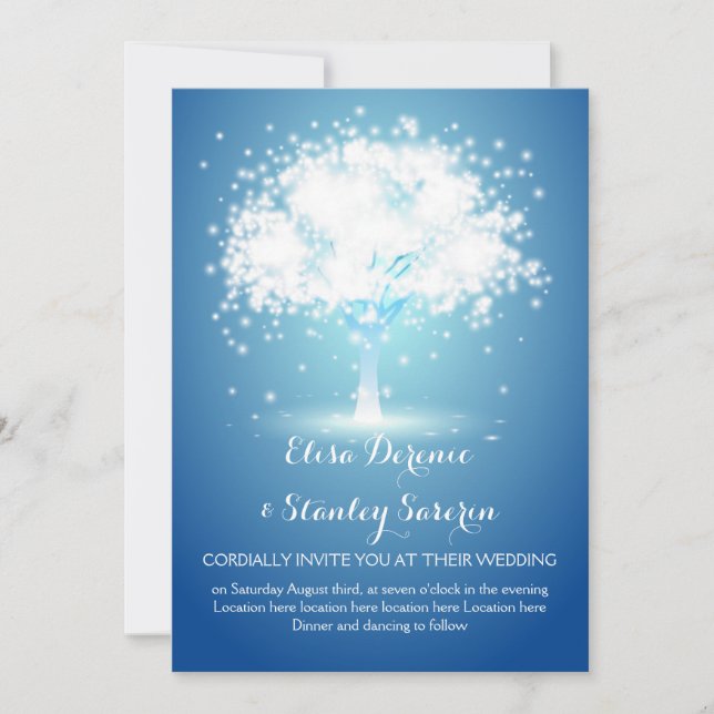 Invitation Arbre magique, lumières étincelantes bleu mariage (Devant)