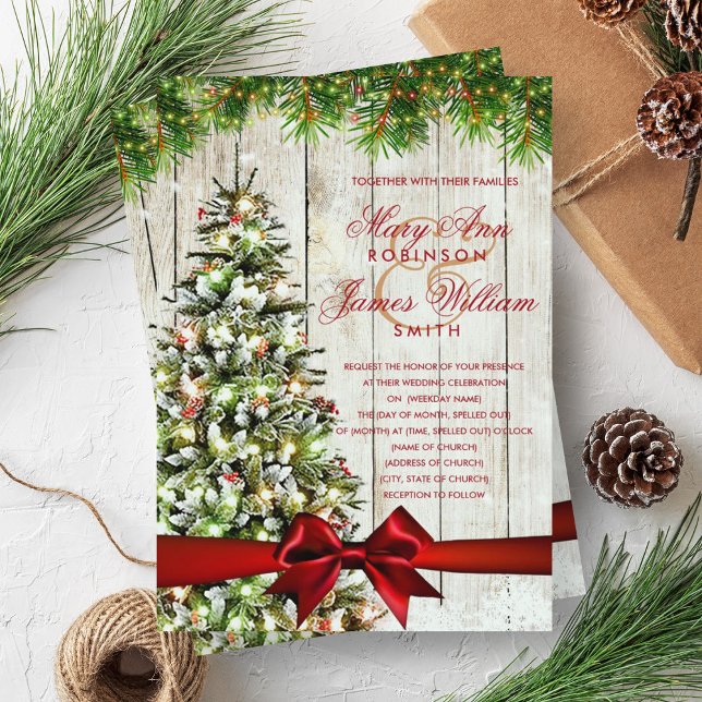 Invitation Arbre Mariage de Noël, Lumières et Ruban Rouge (Christmas Wedding Tree, Lights & Red Ribbon Invitation)