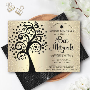 Invitation Arbre noir bat mitzvah de vie Script Gold Foil