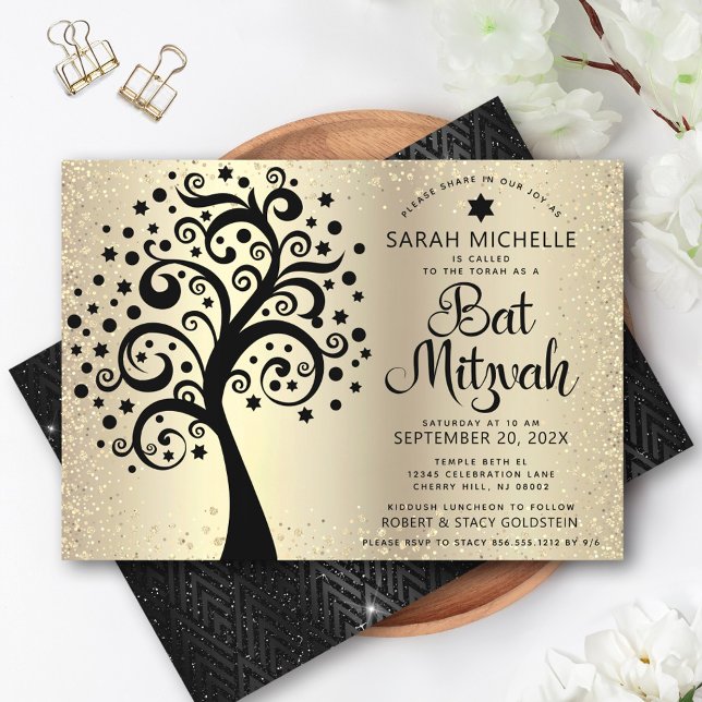 Invitation Arbre noir bat mitzvah de vie Script Gold Foil (Créateur téléchargé)