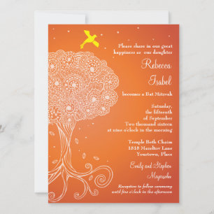 Invitation Arbre orné de la vie Bat mitzvah orange