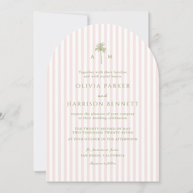 Invitation Arbre Palmier Tropical Mariage Rose Arc Stripe (Devant)