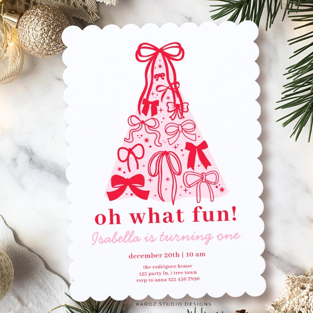 Invitation Arbre Rose Moderne Ruban Rouge 1er Anniversaire (Invitation shown in 5 x 7 inches with a scallop frame. Personalize and choose paper and corner style)