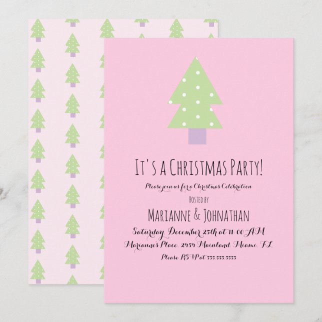 Invitation Arbre Rose Pastel pour Fête de Noël (Devant / Derrière)