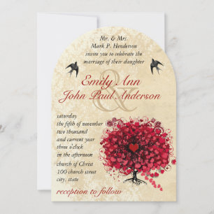 Invitation Arbre Rouge Feuille de Coeur Oiseaux Vintage Maria
