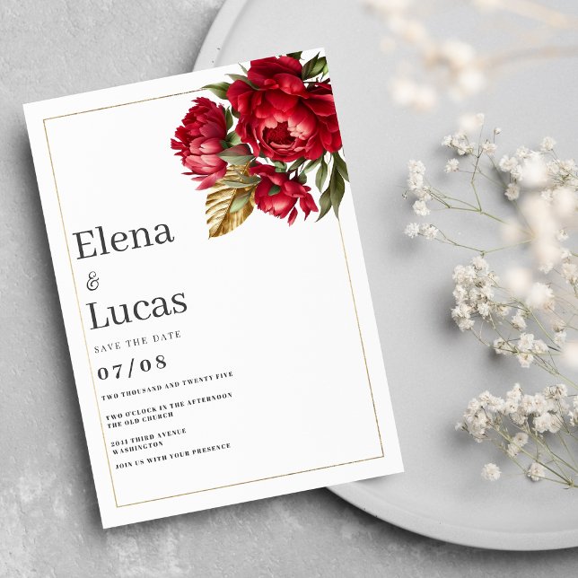 Invitation Arbre rouge or vert pivoines mariage floral (Autumn red gold green peonies floral wedding)