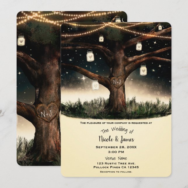 Invitation Arbre rustique de nuit avec lumières et mariés aux (Devant / Derrière)