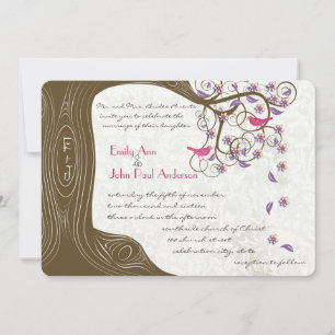 Invitation Arbre rustique Romantique Oiseaux roses et fleurs