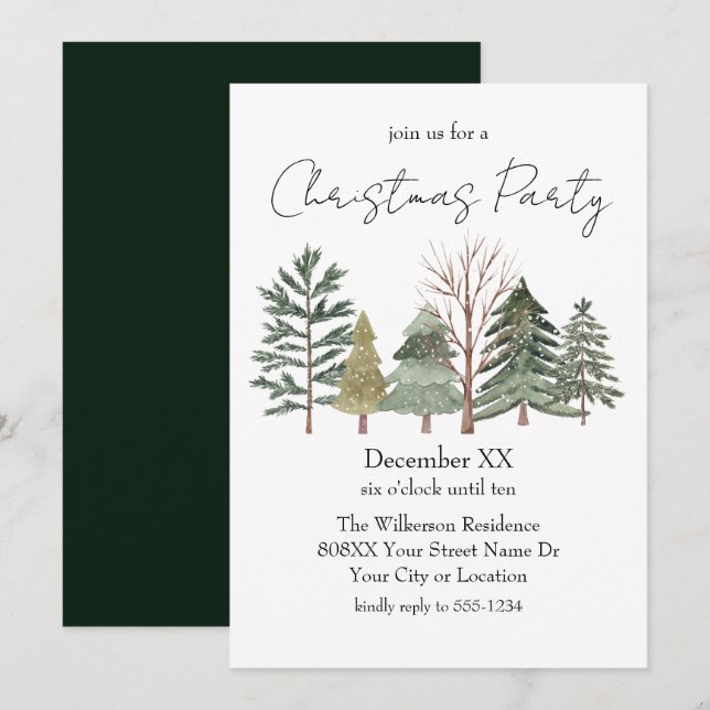 Invitation Arbres à l'aquarelle & Fête de Noël à l'écriture é (Devant / Derrière)
