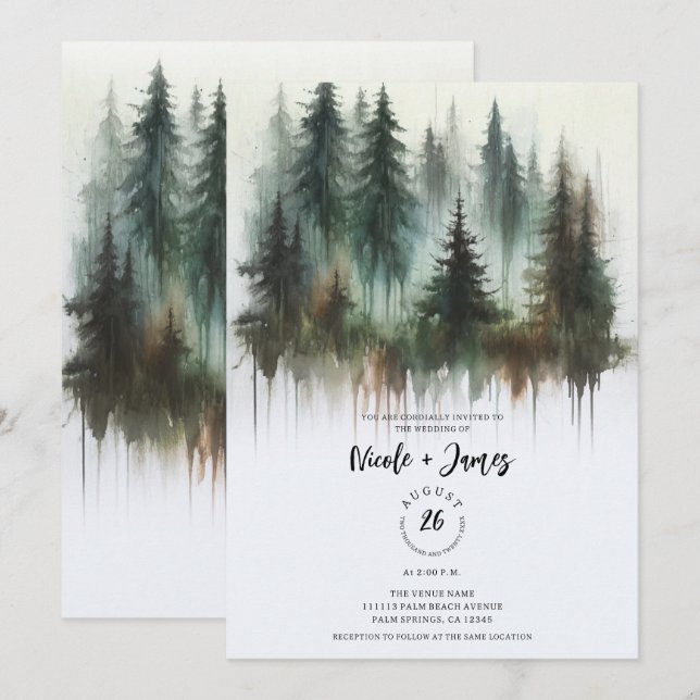 Invitation Arbres à l'aquarelle Mariage rustique en pleine na (Devant / Derrière)