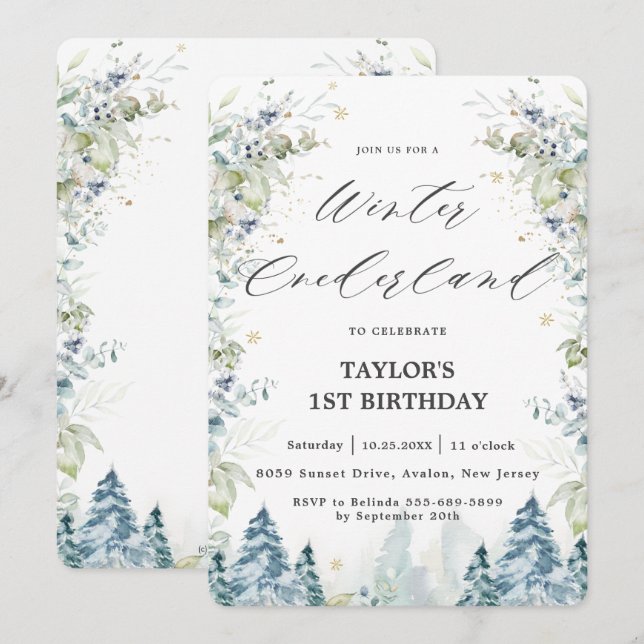 Invitation Arbres alpins chic Hiver Onederland 1er anniversai (Devant / Derrière)